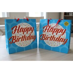 Set of 2 Large Happy Birthday Gift Bags Blue Polka Dot 15x15 Wide Square Bags